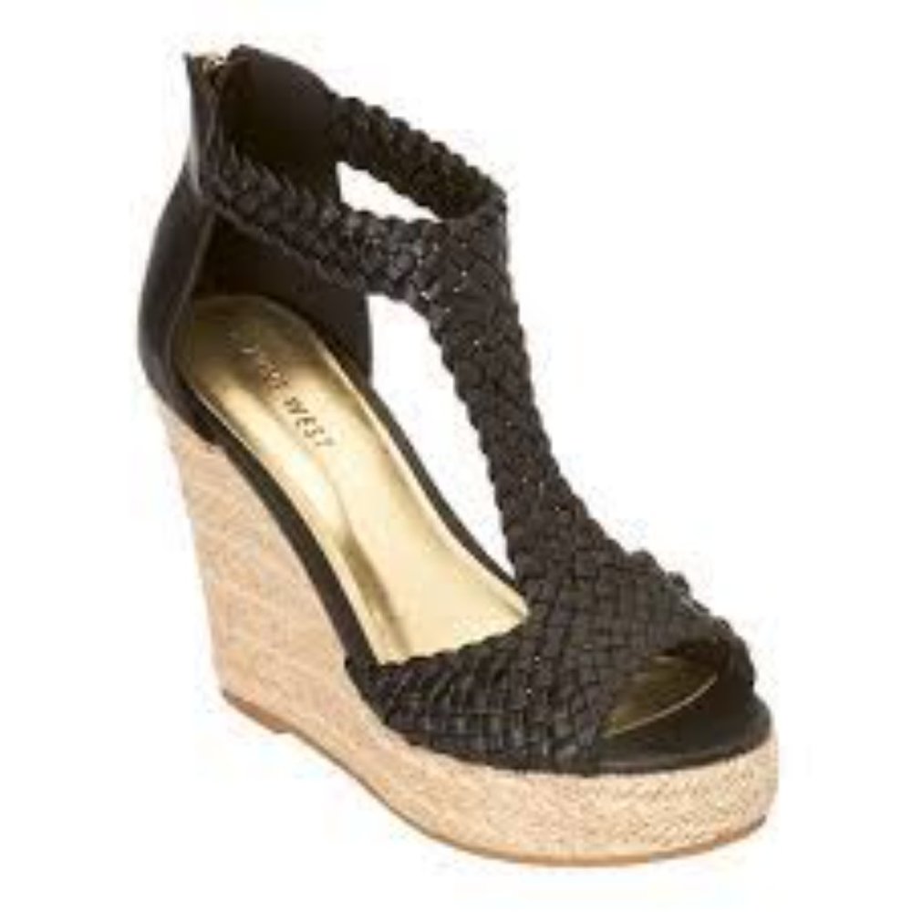 NINE WEST Obsessol Black & Natural Jute Espadrille Wedge Shoes | Size 6